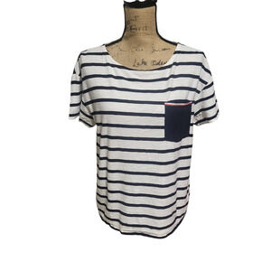 Tommy Hilfiger navy white striped short sleeve top with pocket, size small